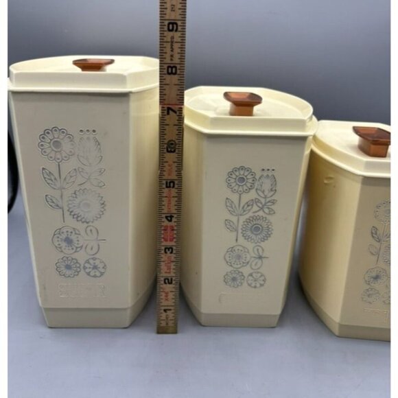 Vintage 1970s Lustroware 3 Pc Canister Set Plastic Floral Beige Nesting - Picture 9 of 11